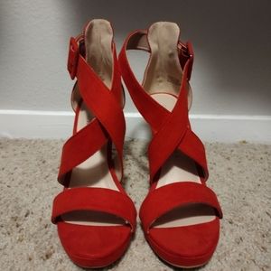 Chinese Laundry Red High Heel 👠 Cross Strap Big Red Buckle Size 9.5